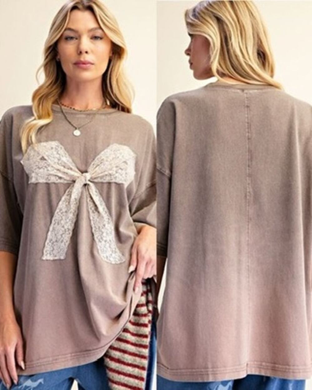 Easel Stone Lace Bow Oversized Patch Washed Boxy Knit Tee NWT
